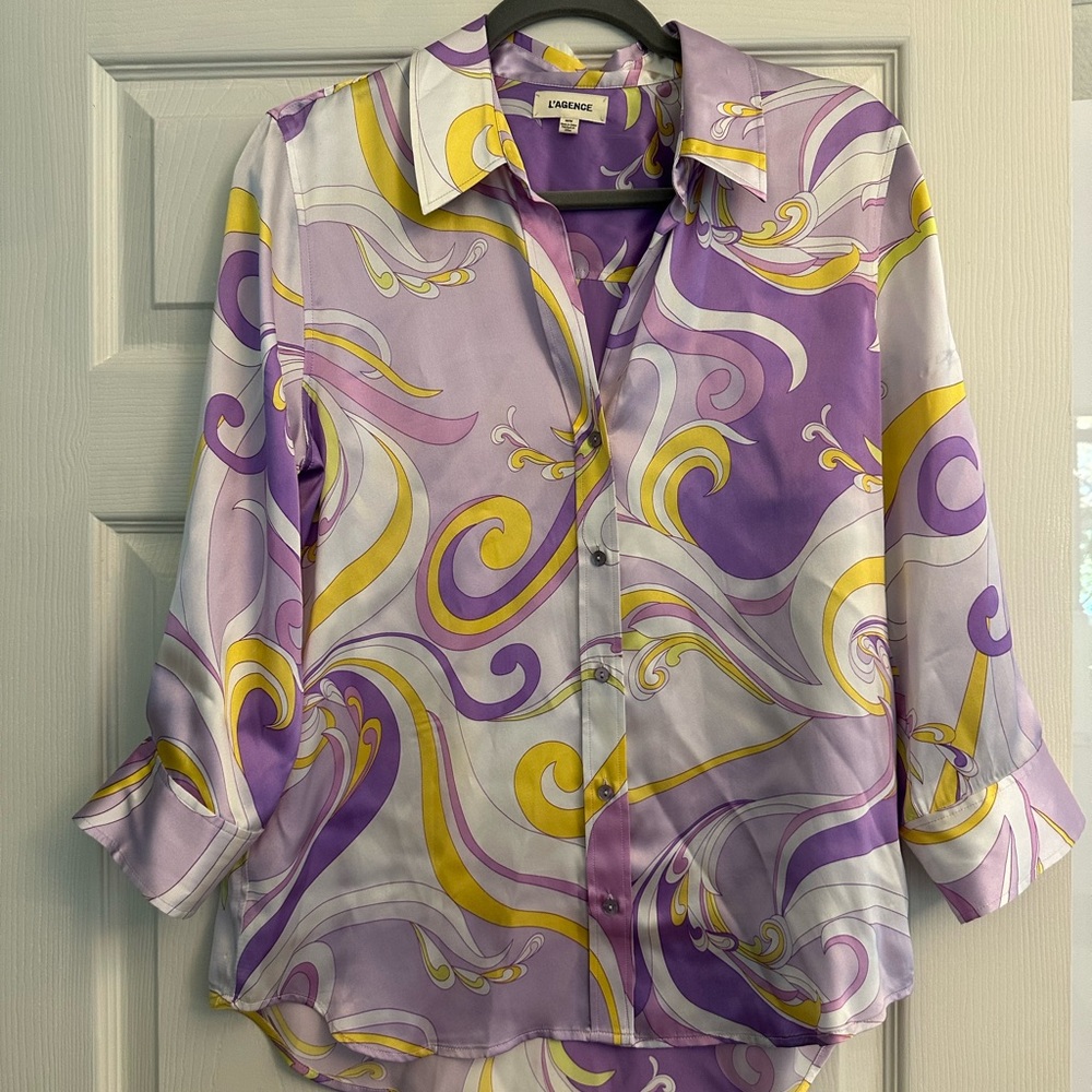 L'AGENCE Purple and Yellow Swirl Button Down Shirt